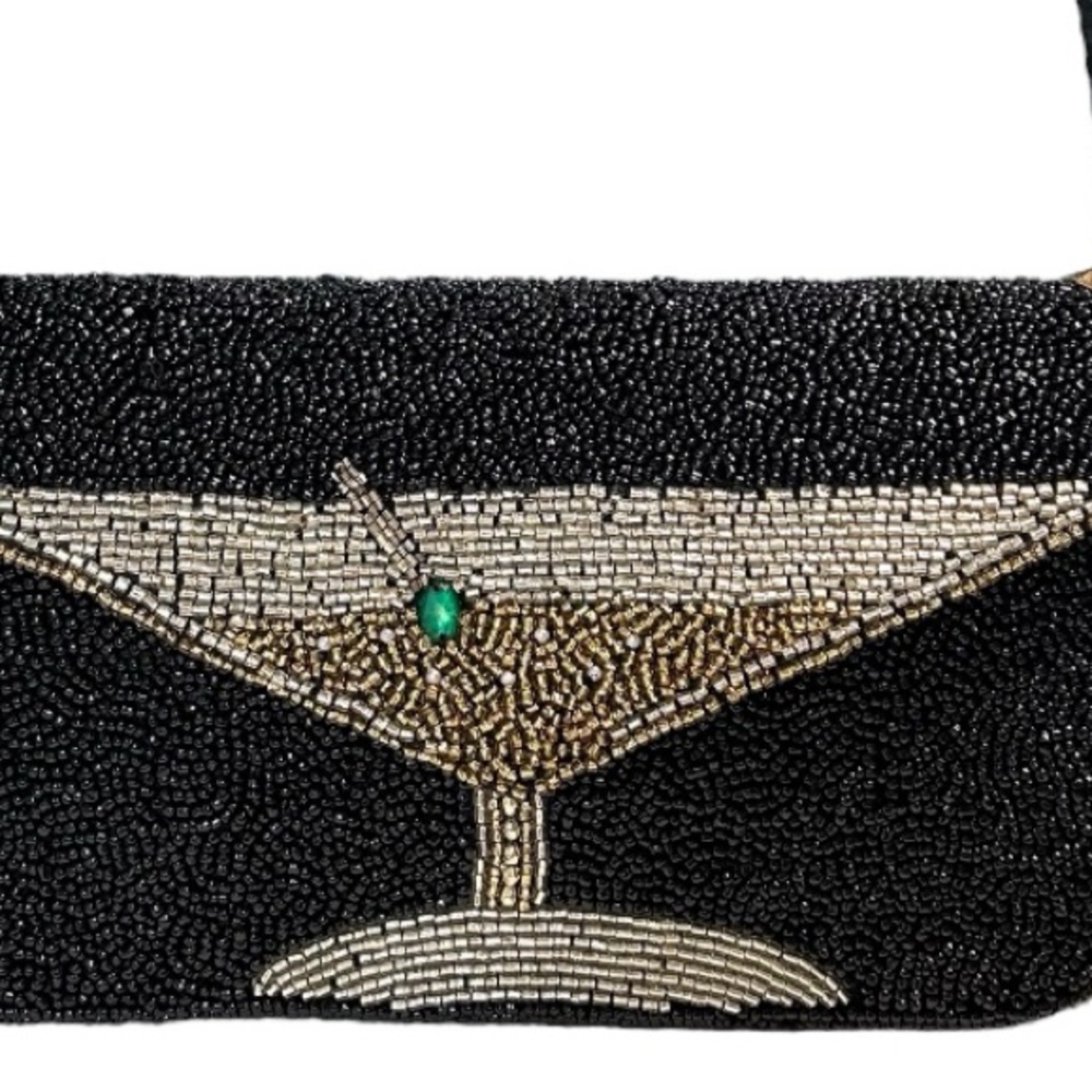 Handcrafted Beaded Shoulder Bag Martini w/ Olive Jewel Black Made In India NWT - Picture 11 of 11
